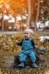 Little blonde haired kid sitting in the nature