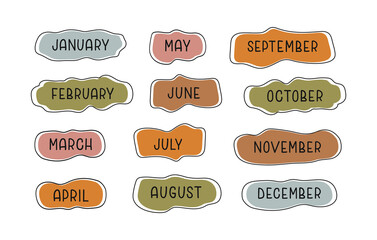 Handwritten colorful names of months  on white background. Modern bright cartoon design for calendar, weekly plan, organizer. Vector illustration