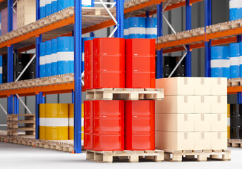 Warehouse with racks. Organization Storage and logistics. Metal barrels in stock. Fragment of a logistics center with chemical products. Preparation of goods to transportation.