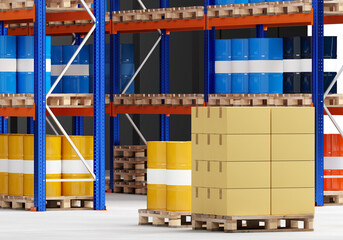 Warehouse. Production warehouse with barrels and boxes. Storage packaging on pallets. Chemistry barrels. Logistics center where goods are distributed.