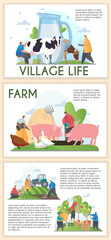 Set of farm. Pictures with animals and life in village. Milking cows, walking pigs and geese, repairing tractor, working in field. Cartoon flat vector illustrations isolated on white background