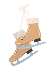 Pair of vintage ice skates hanging on laces. Symbol of winter and christmas holidays. Hand drawn vector illustration of shoes for outdoor activity. - obrazy, fototapety, plakaty