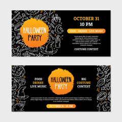Halloween party invitation cards template in black and orange colors. Flyers or posters with text with magic symbols in the doodle sketch style.