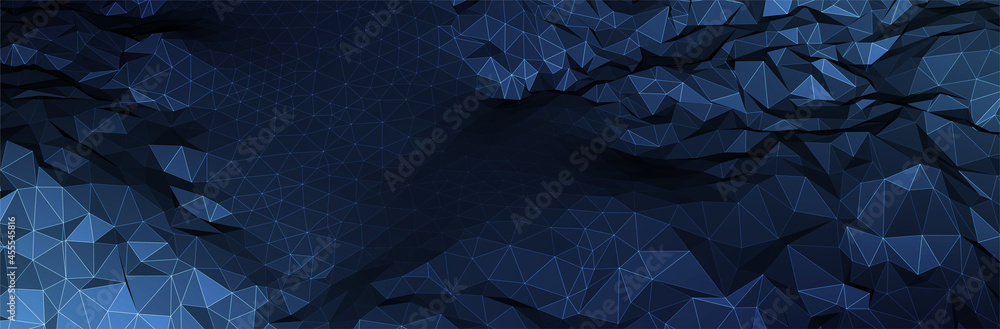 Poster abstract blue background. dark low poly triangle pattern. virtual computer landscape. technology sty