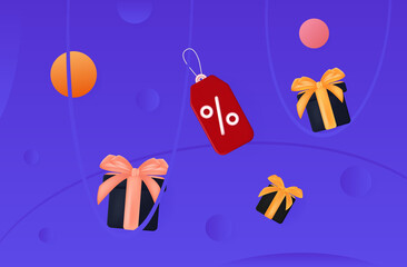 Price tag 3d discount coupon, voucher. Loyalty program, sale with a low and gifts. Purchase concept with promotional advertising offer and bonus. Favorable discount with cashback. Vector illustrationv