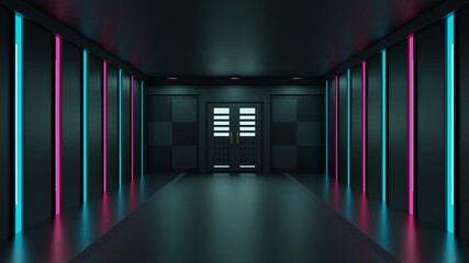 扉に続く廊下　青とピンクのイルミネーション　3DCG　Blue and pink neon entrance