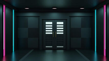 閉じている扉　青とピンクのイルミネーション　3DCG