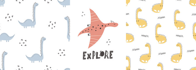 Cute dinosaur patterns with lettering - hand drawn childish dinosaur seamless pattern design. Vector illustration