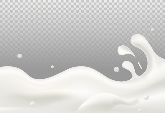 Realistic milk waves. Liquid flows, leave drops. Dairy product texture. Pictures for grocery stores. Unusual product frame design. Flat vector illustration isolated on transparent background