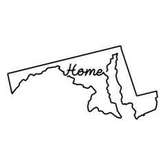 Maryland US state outline map with the handwritten HOME word. Continuous line drawing of patriotic home sign