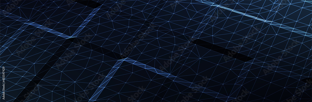 Poster abstract blue background. dark low poly triangle pattern. virtual computer landscape. technology sty
