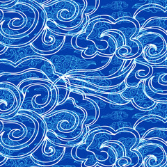 Fototapeta na wymiar Hand drawn seamless pattern with blue and white clouds. Chinese, Korean, Japanese ornament. Traditional symbol. Vector illustration.