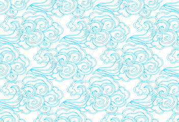 Hand drawn seamless pattern with blue and white clouds. Chinese, Korean, Japanese ornament. Traditional symbol. Vector illustration.