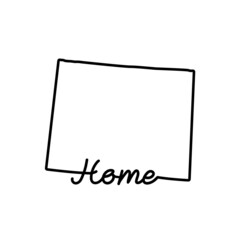 Wyoming US state outline map with the handwritten HOME word. Continuous line drawing of patriotic home sign