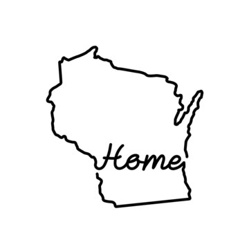 Wisconsin US state outline map with the handwritten HOME word. Continuous line drawing of patriotic home sign