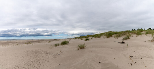 panorama view of endless wandering sand dunes in Slowinski National Park on the Baltic Sea in...