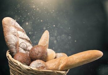 Bakery - various kinds of breadstuff. Bread rolls, baguette, bun