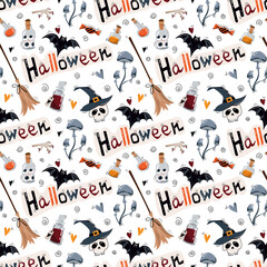 Halloween vector pattern. Seamless pattern of skulls, bat, jars of potion, poisonous mushrooms, broom on a white background