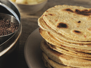 Pile of traditional Indian corn flatbreads Makki ki roti.
