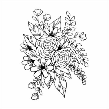 Hand drawn flower arrangement in black and white color doodle or sketch style, vector. Postcard, invitation, poster, greeting card, coloring book page.
