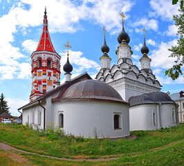 Lazorevskaya Church was built in 1667 and is the first five-domed church in Suzdal. In 1745, a warm Antipy church was built next to the Lazarevsky Church. Russia, Suzdal, August 2021.