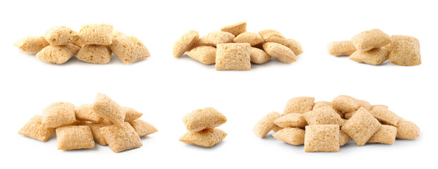 Set with sweet crispy corn pads on white background. Banner design
