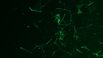 Abstract geometric background with connecting points and lines. Abstract green digital background. Network concept. Big data complex with compounds. 3D rendering.