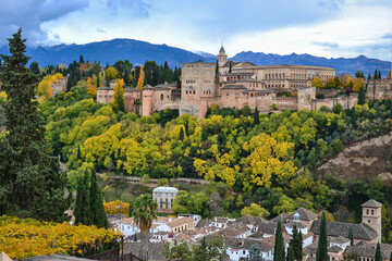 Image taken from the Saint Nicholas viewpoint of the Alhambra landscape on a cloudy autumn day