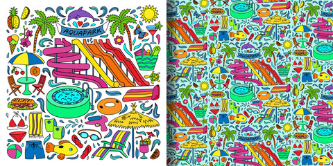 Aquapark objects doodle set and seamless pattern