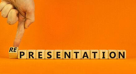 Presentation representation symbol. Businessman turns a cube, changes words presentation to representation. Beautiful orange background, copy space. Business, presentation or representation concept.