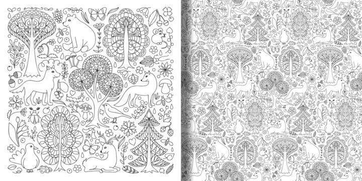 Fantastic fairy-tale forest animals and plants set and seamless pattern