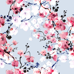 Abstract seamless floral print drawn exotic flowering branches
