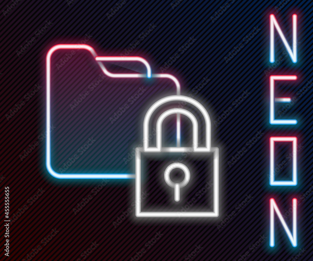 Poster glowing neon line folder and lock icon isolated on black background. closed folder and padlock. secu
