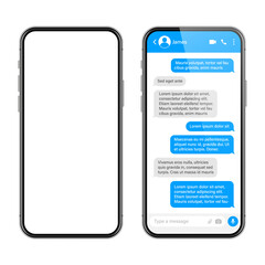 Realistic smartphone with messaging app. SMS text frame. Conversation chat screen with blue message bubbles and placeholder text. Social media application. Vector illustration.