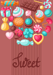 Background with various candies and sweets. Confectionery or bakery stylized illustration.