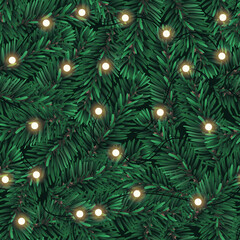 Seamless pattern with realistic Christmas pine tree branches and glowing lights. Holiday Vector illustration.