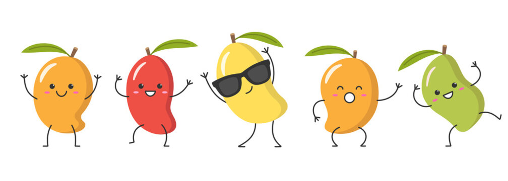 Set Mango Tropical Fruit Character Cartoon Colors Yellow Red Orange Green Happy Dancing Smiling Face Emotions Icon Vector Illustration.