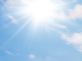 Naklejka na ściany i meble Sun light and blue sky with clouds. Summer background. Vector illustration