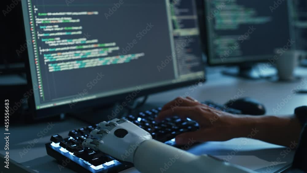 Poster Focus on Hands: Programmer With Disability Using Prosthetic Arm to Work on Computer Keyboard. Swift and Natural Use of Myoelectric Bionic Hand To Type Code for Software at Night. Static Screen Shot