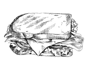 Obraz premium Hand drawn sandwich illustration. Sandwich sketch vector for design menu, restaurant, cafe. black and white vintage illustration isolated on white background.