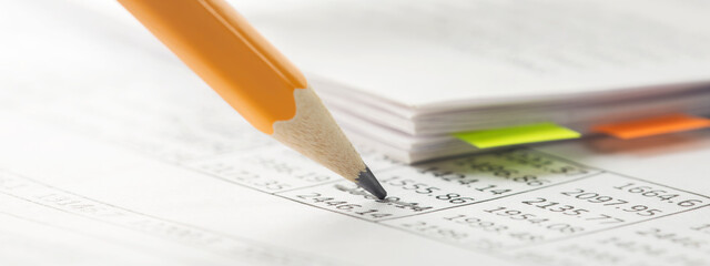 Accounting document with pencil and checking financial chart. Concept of banking, financial report and financial audit.