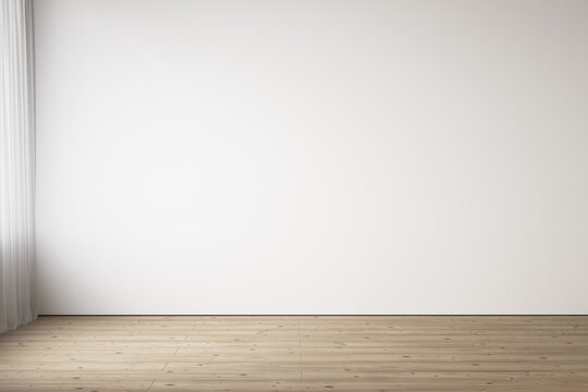 White blank wall interior with wood floor. 3d render illustration mockup.