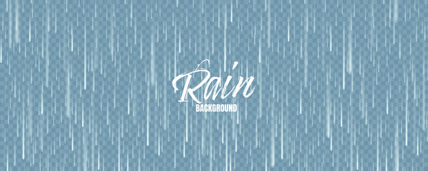 Realistic blue rain texture. Rainfall, water drops effect. Autumn wet rainy day. Vector illustration. - obrazy, fototapety, plakaty