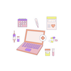 Telemedicine, online diagnosis and treatment concept. Laptop, cardiogram, vaccine , calendar and laboratory analysis. Can be used for topics like medicine, heathlcare, online consultation