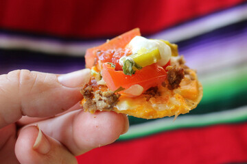 Hand holding nachos with beef, vegetables - Powered by Adobe