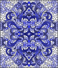 Illustration in stained glass style with abstract flowers, swirls and leaves on a light background,horizontal orientation, tone blue