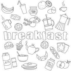Contour icons set  on the subject of Breakfast and the food, simple outline icons  on a white background