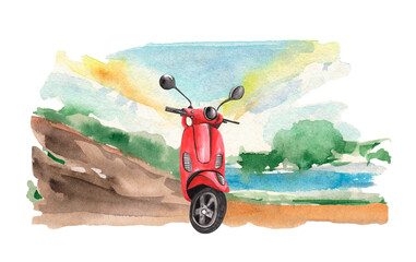 Parked red vintage motobike on a sandy beach. Hand drawn watercolor summer scene. Vacation story design. Template for travel blog, wedding invites, posters, stationery, t-shirts, stickers, magazines 