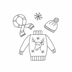 Winter clothes. New Year's decor. Christmas Set.  Icons Doodle style  . Sweater, hat and scarf. Vector illustration. Isolated background.