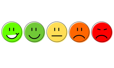 Vector illustration of facial expressions. icon set of smileys. Emoticons from happy to angry. lightgreen, green, yellow, orange, red smileys